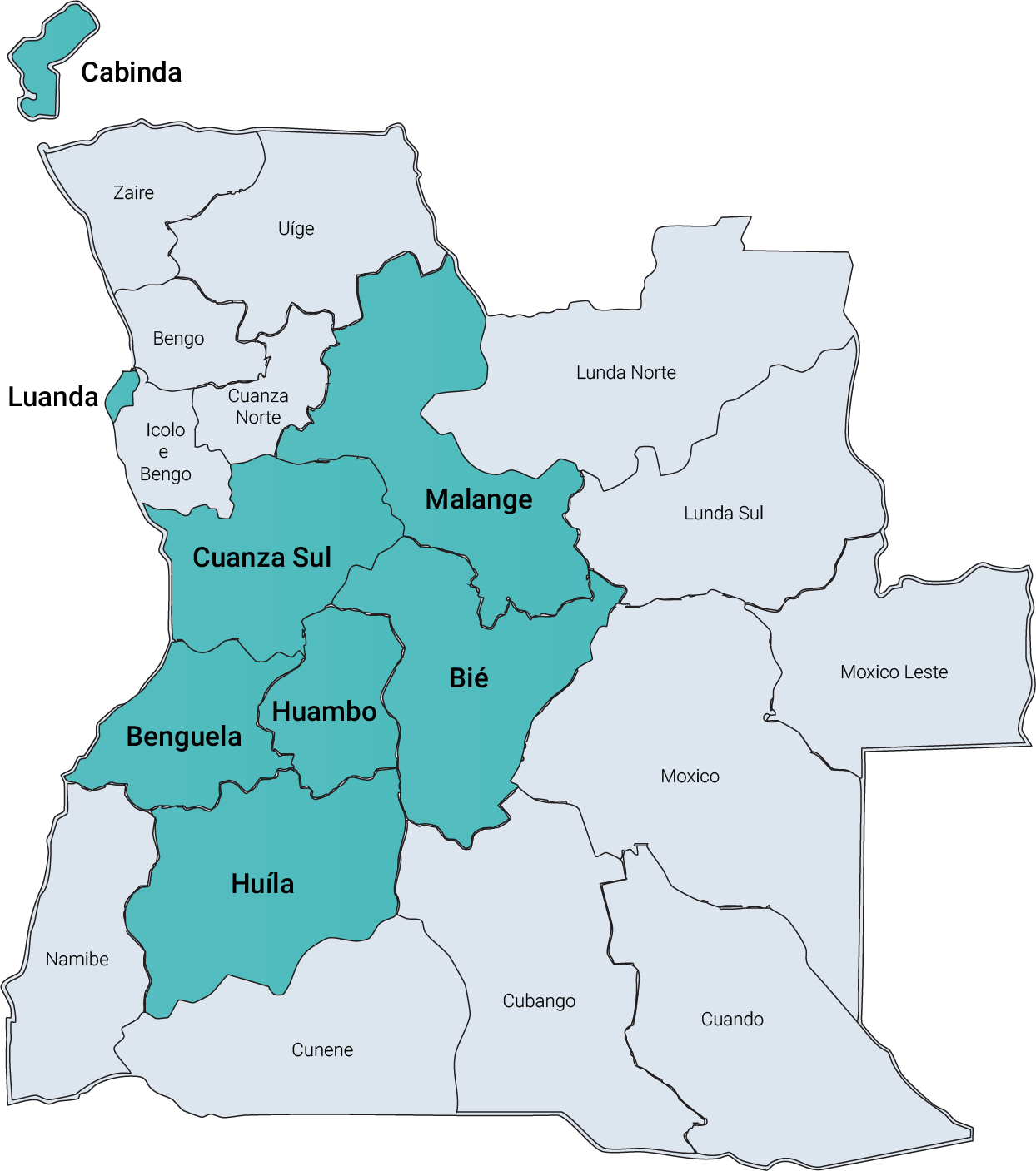 Mapa de Angola - Províncias de Implementação